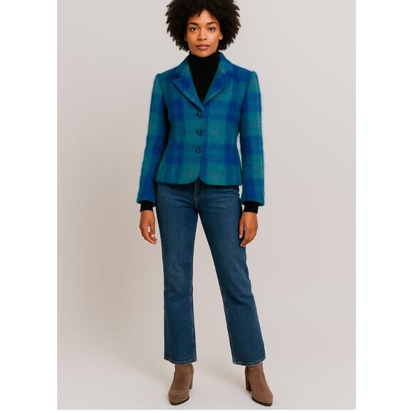 Vintage Hillary Charles Mohair Wool Blend Plaid Jacket Blue Green USA Made - Picture 1 of 10